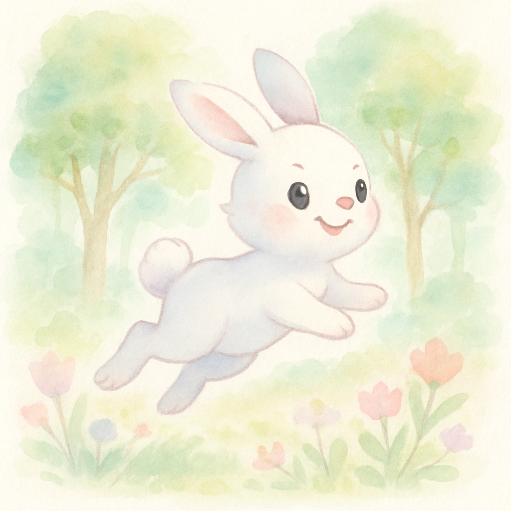 토끼가 숲속에서 자랑스럽게 뛰어다니는 장면