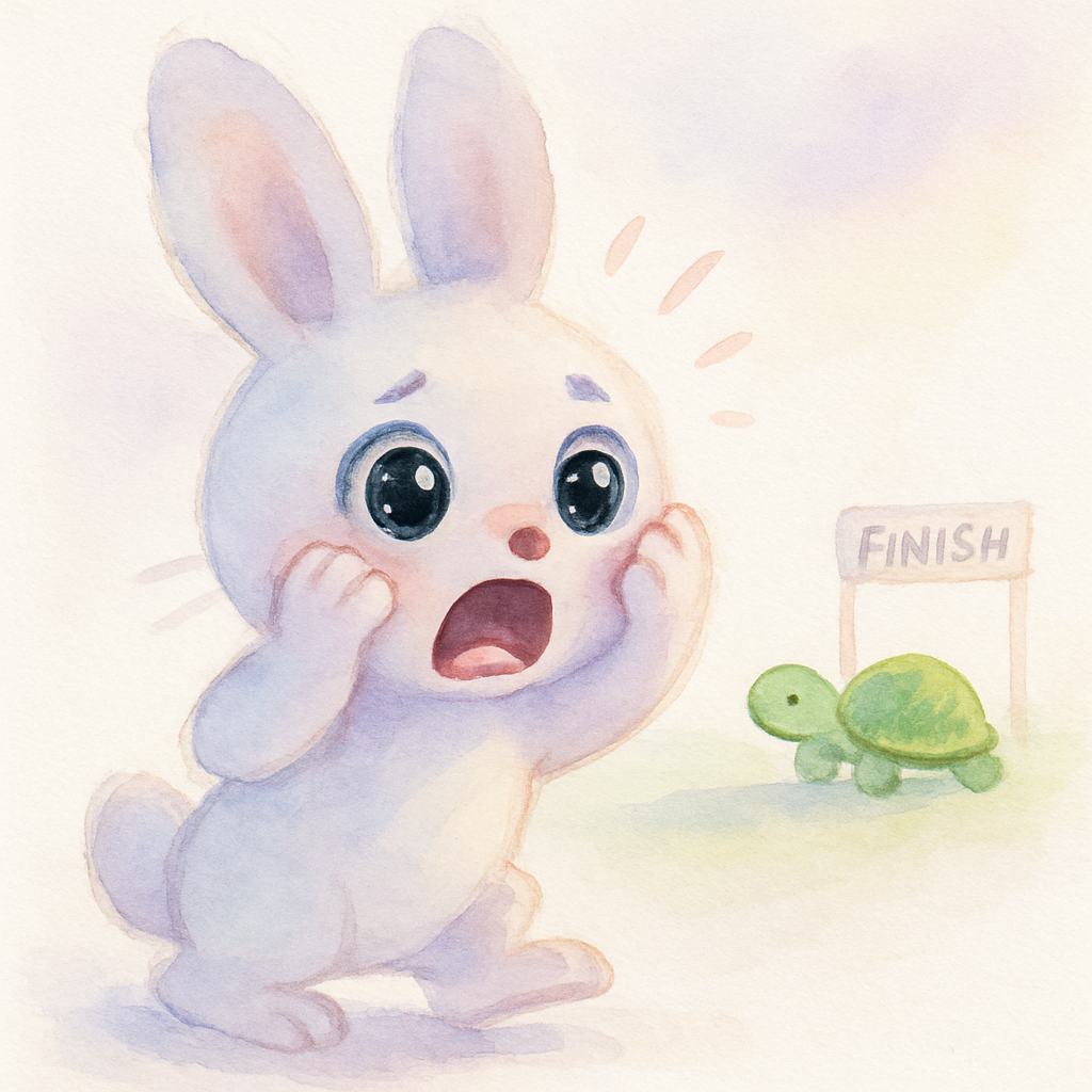 토끼가 잠에서 깨어 깜짝 놀라는 장면