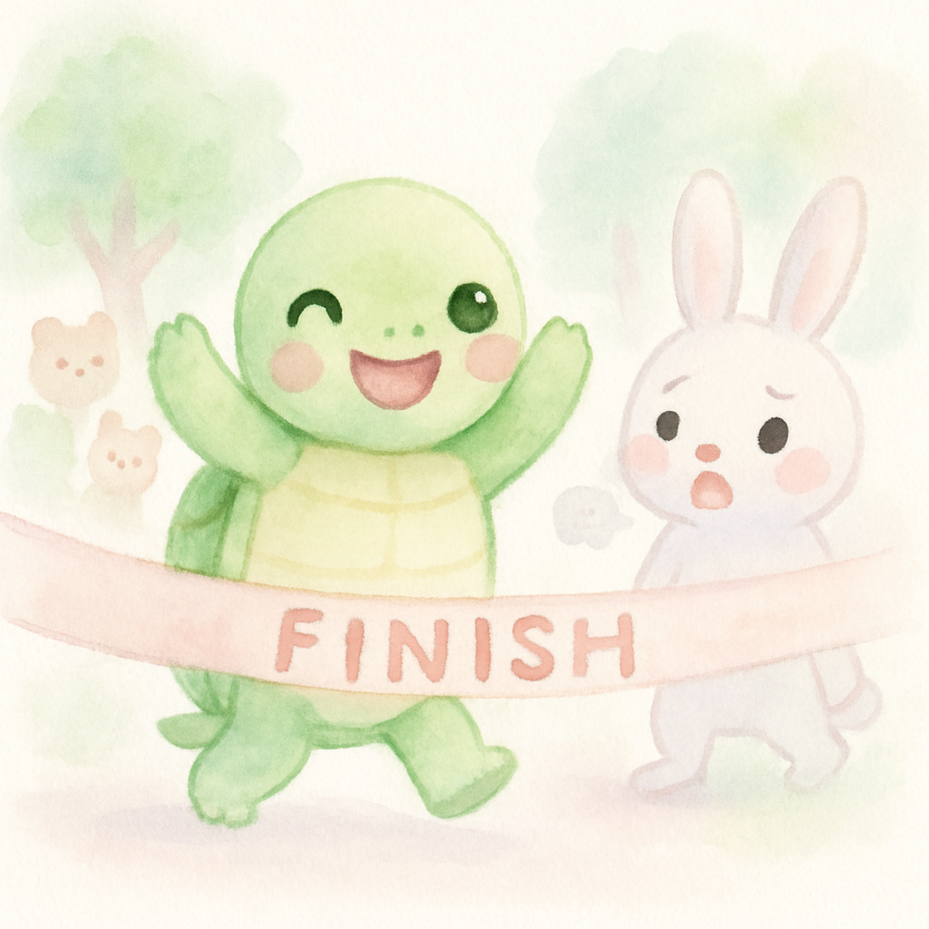 거북이가 결승선을 통과하고 토끼가 뒤늦게 도착하는 장면