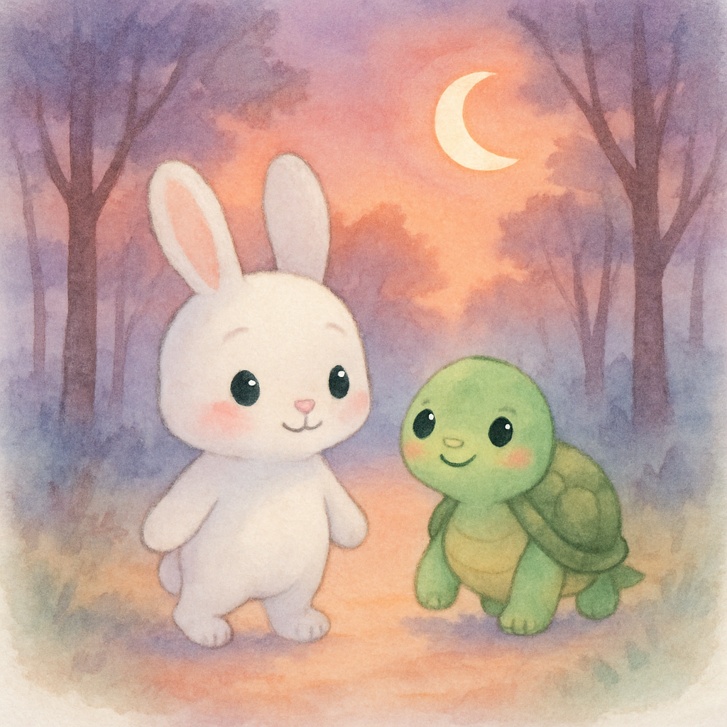 토끼와 거북이가 친구가 되어 함께 집으로 돌아가는 장면