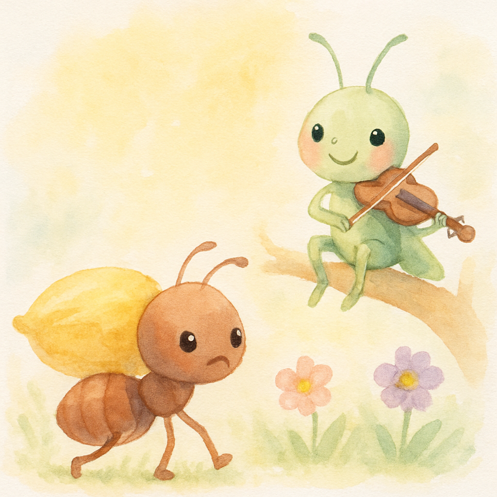 여름 들판에서 개미는 곡식을 나르고 베짱이는 바이올린을 켜며 노래하는 장면