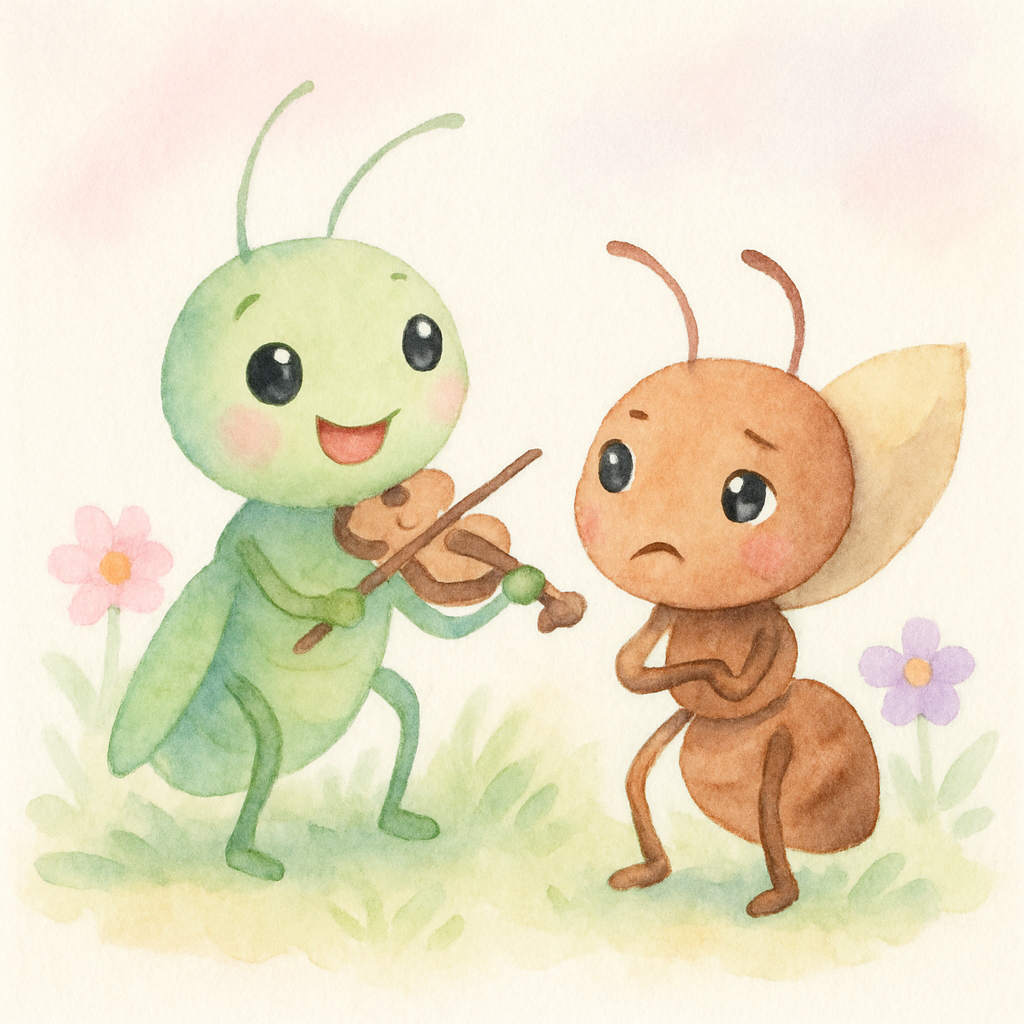 베짱이가 개미에게 같이 놀자고 제안하고 개미가 거절하는 장면