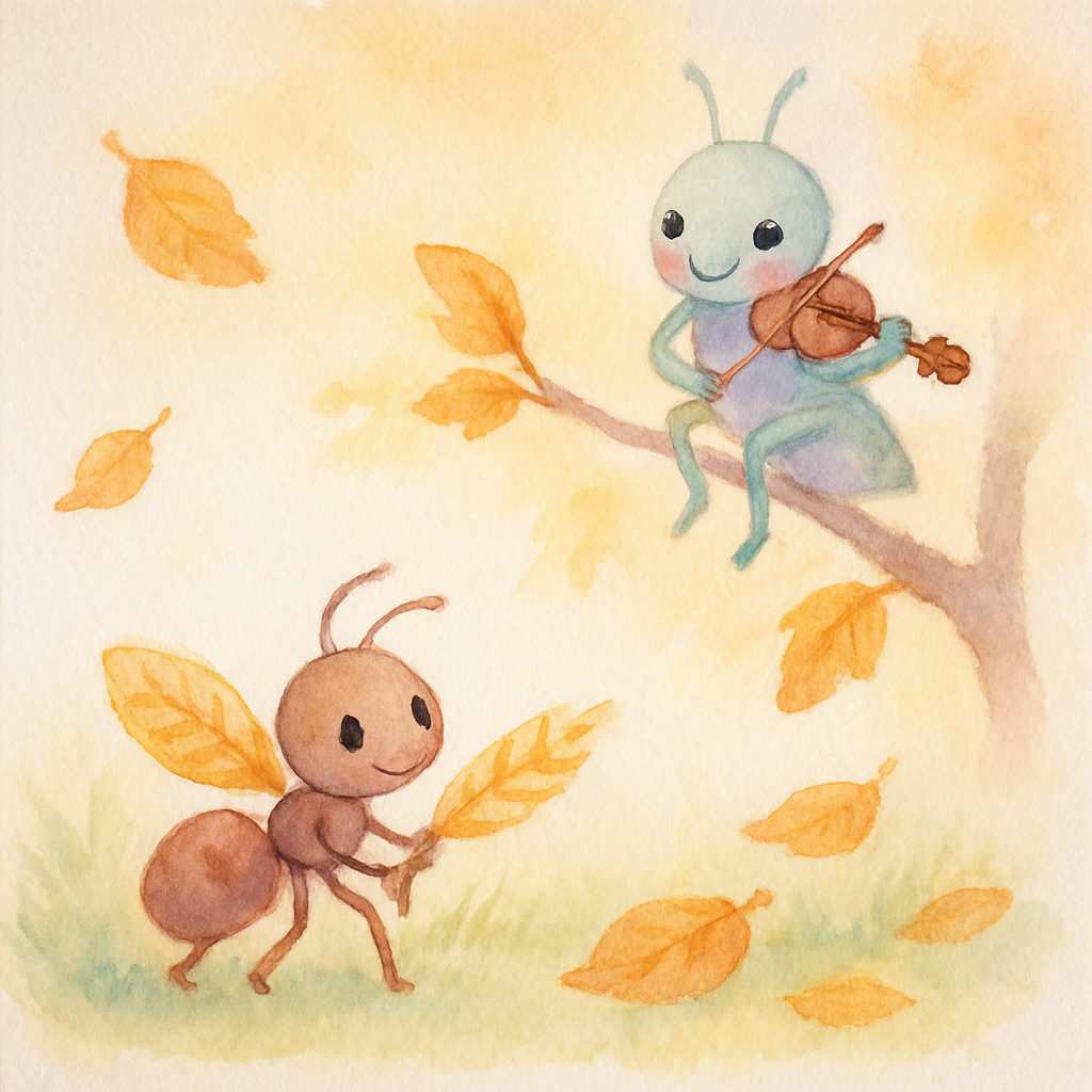 가을이 온 들판에서 개미는 계속 일하고 베짱이는 노래하는 장면