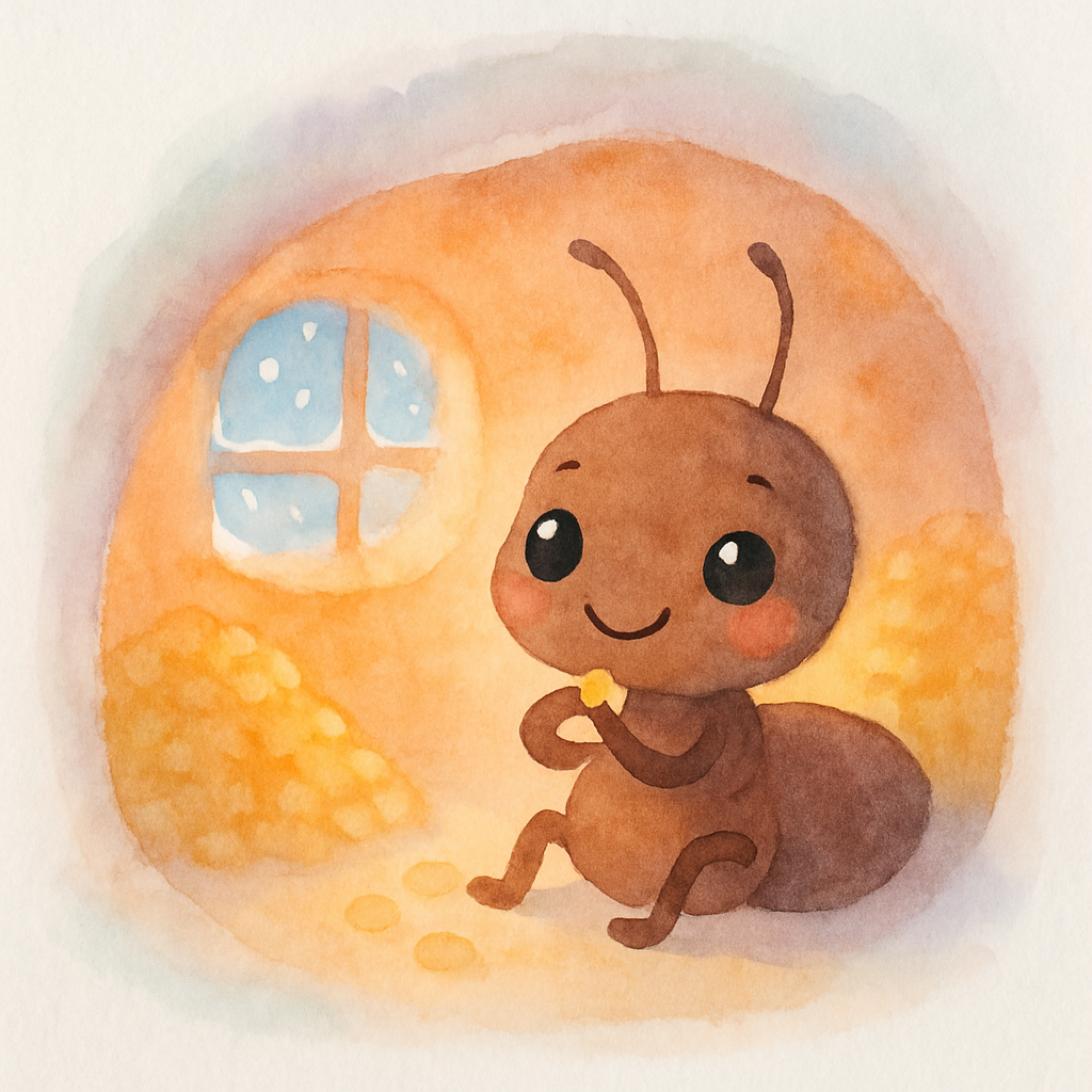 추운 겨울, 개미는 따뜻한 집에서 곡식을 먹고 있는 장면