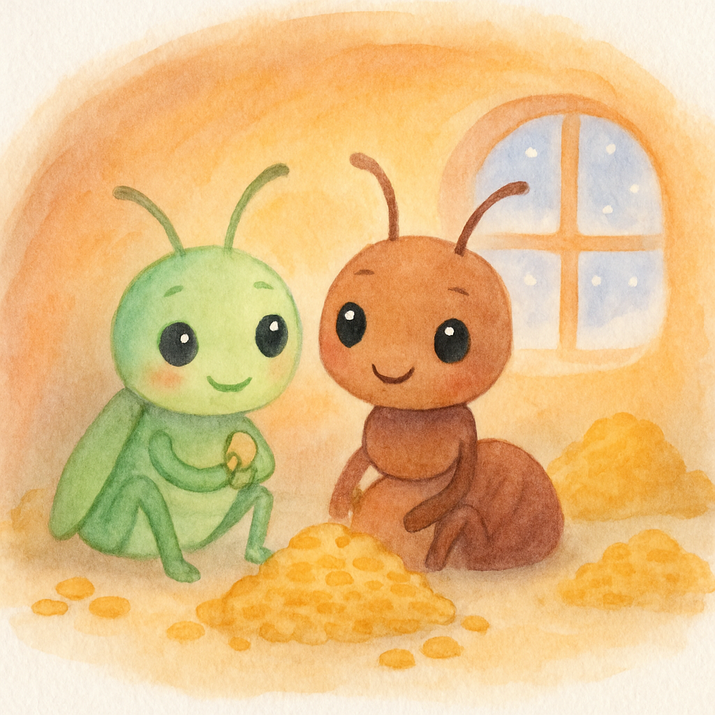 따뜻한 집 안에서 개미와 베짱이가 함께 곡식을 먹는 장면