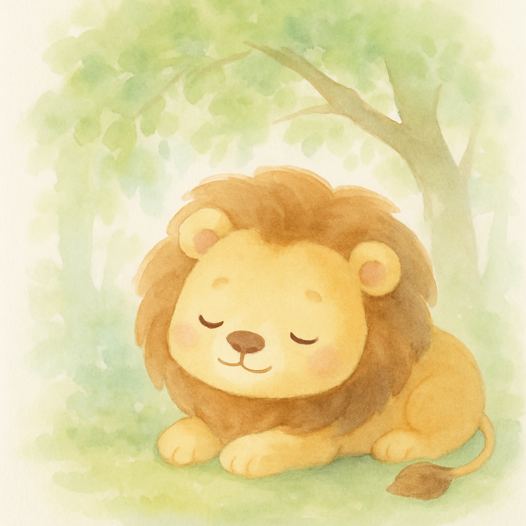 나무 그늘 아래에서 낮잠 자는 큰 사자