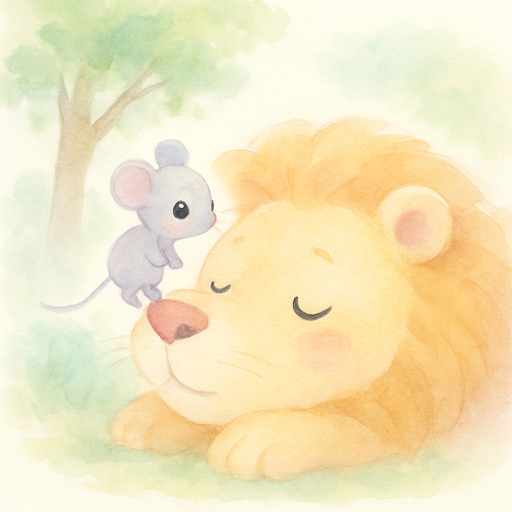 생쥐가 사자 코 위로 올라가는 장면