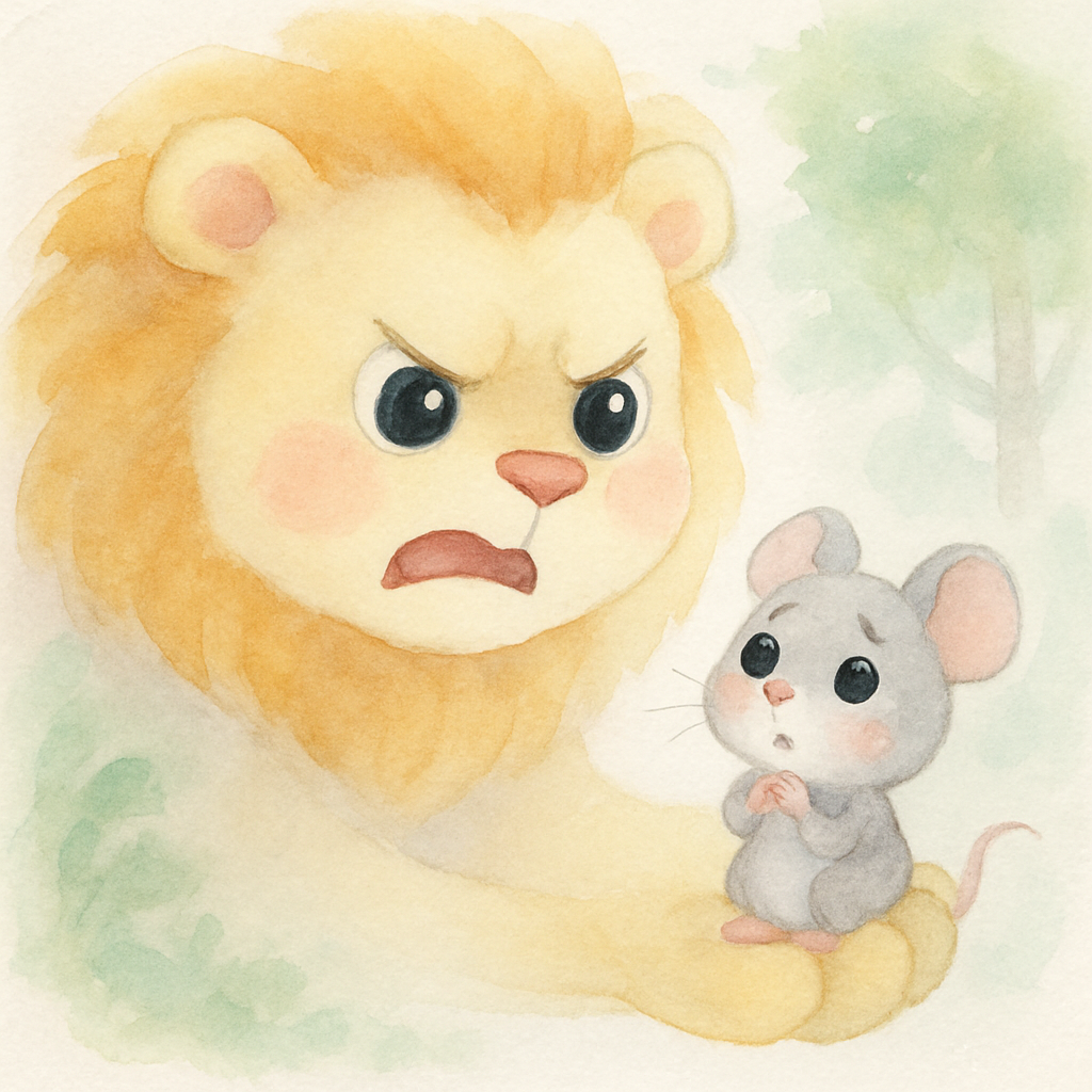 화난 사자가 생쥐를 잡고 생쥐가 떨며 용서를 구하는 장면