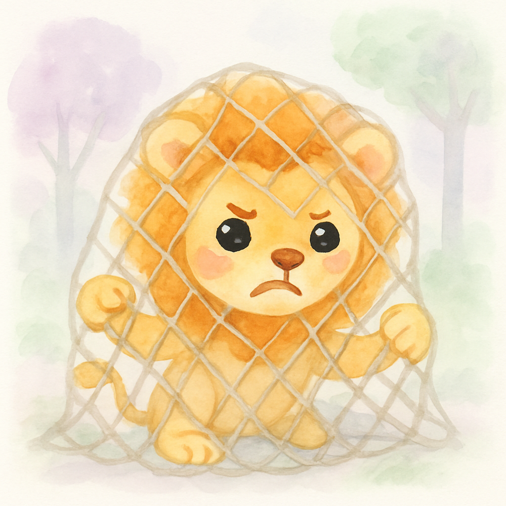 사자가 사냥꾼의 그물에 갇혀 으르렁거리는 장면