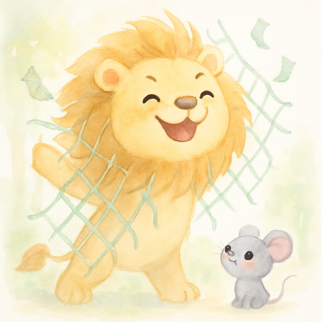 사자가 그물을 찢고 자유로워지는 장면