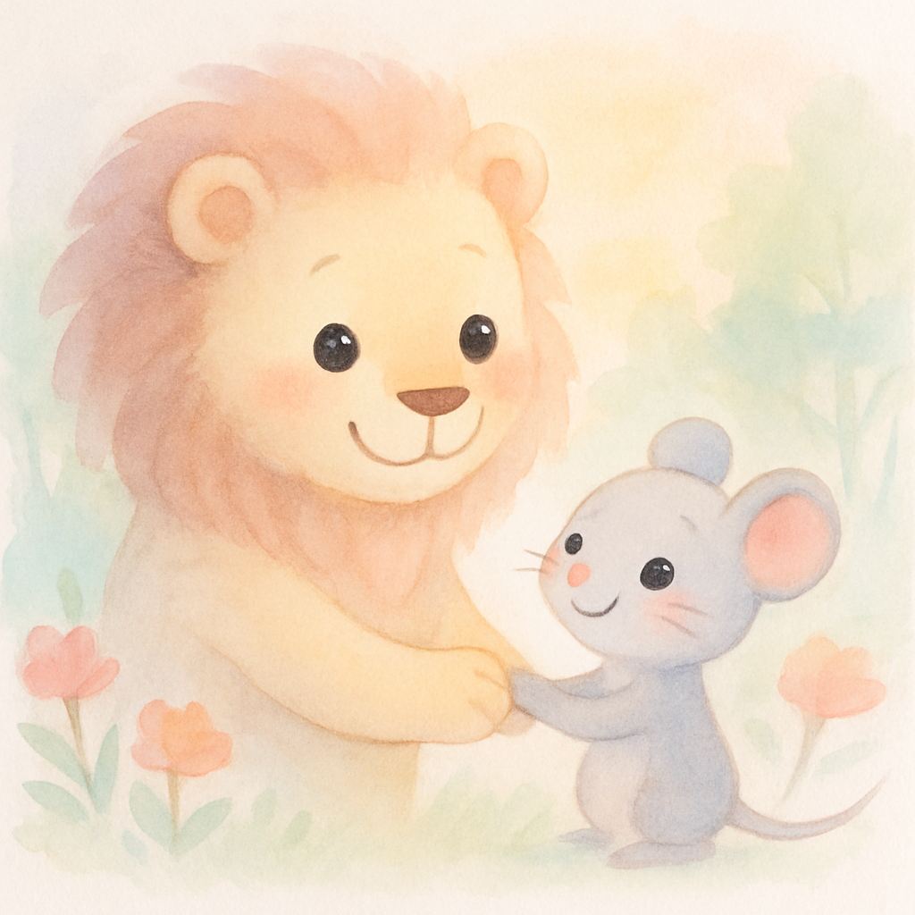 큰 사자와 작은 생쥐가 손을 잡고 친구가 되는 장면