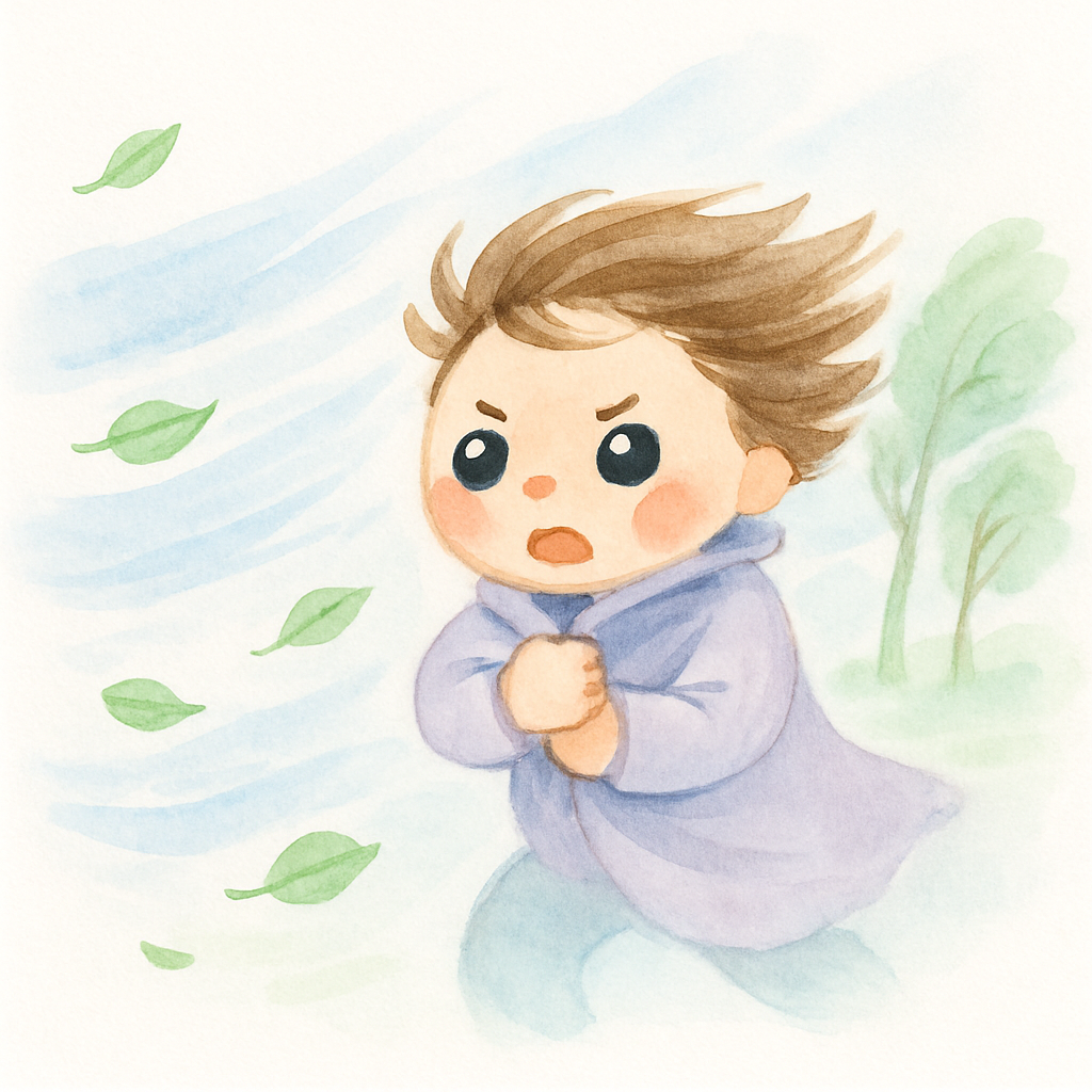 바람이 세게 불어 나그네가 외투를 꽉 붙잡음