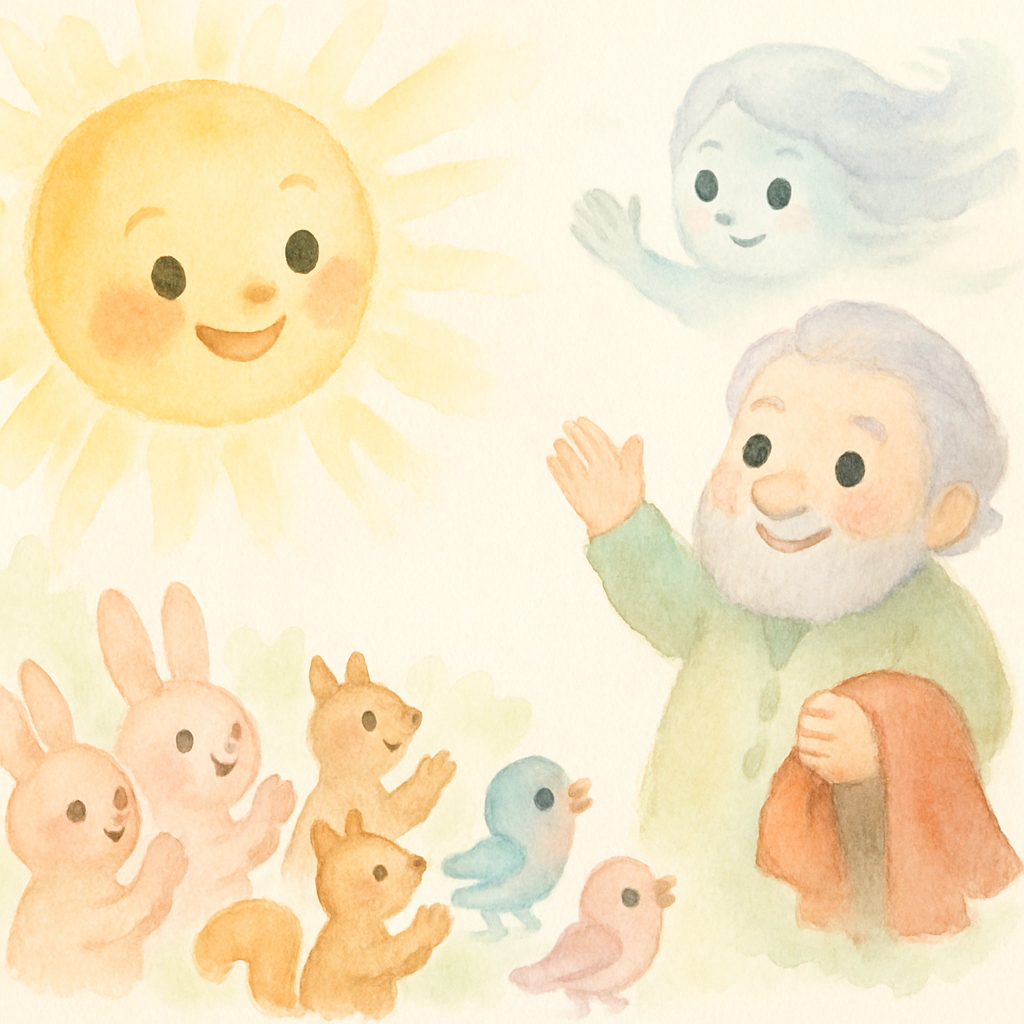 해님의 환한 빛에 나그네가 웃으며 외투를 벗고, 동물들이 박수치며 해님의 승리를 축하함