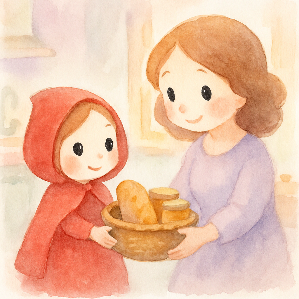 빨간 모자를 쓴 소녀가 엄마로부터 바구니를 받는 장면