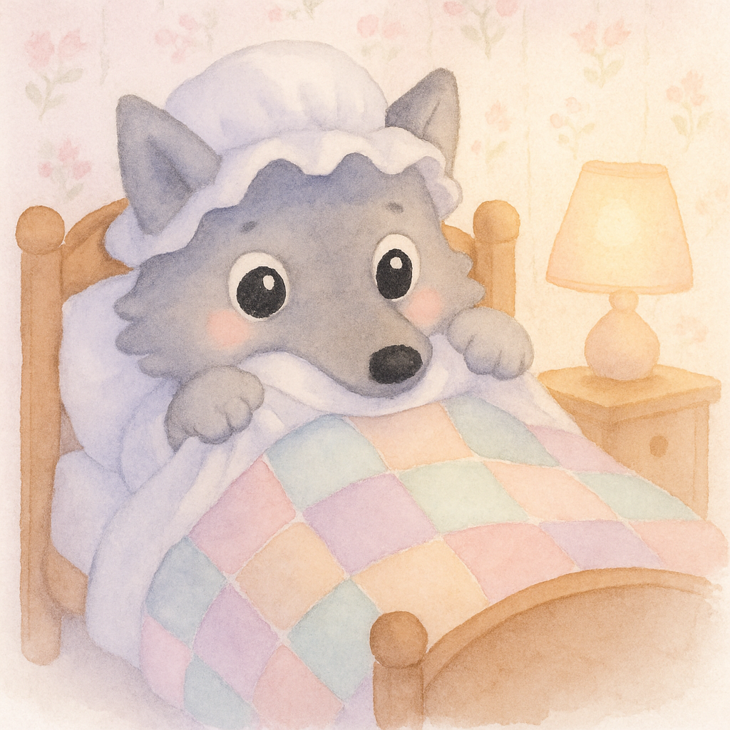 늑대가 할머니 잠옷을 입고 침대에 누워있는 장면