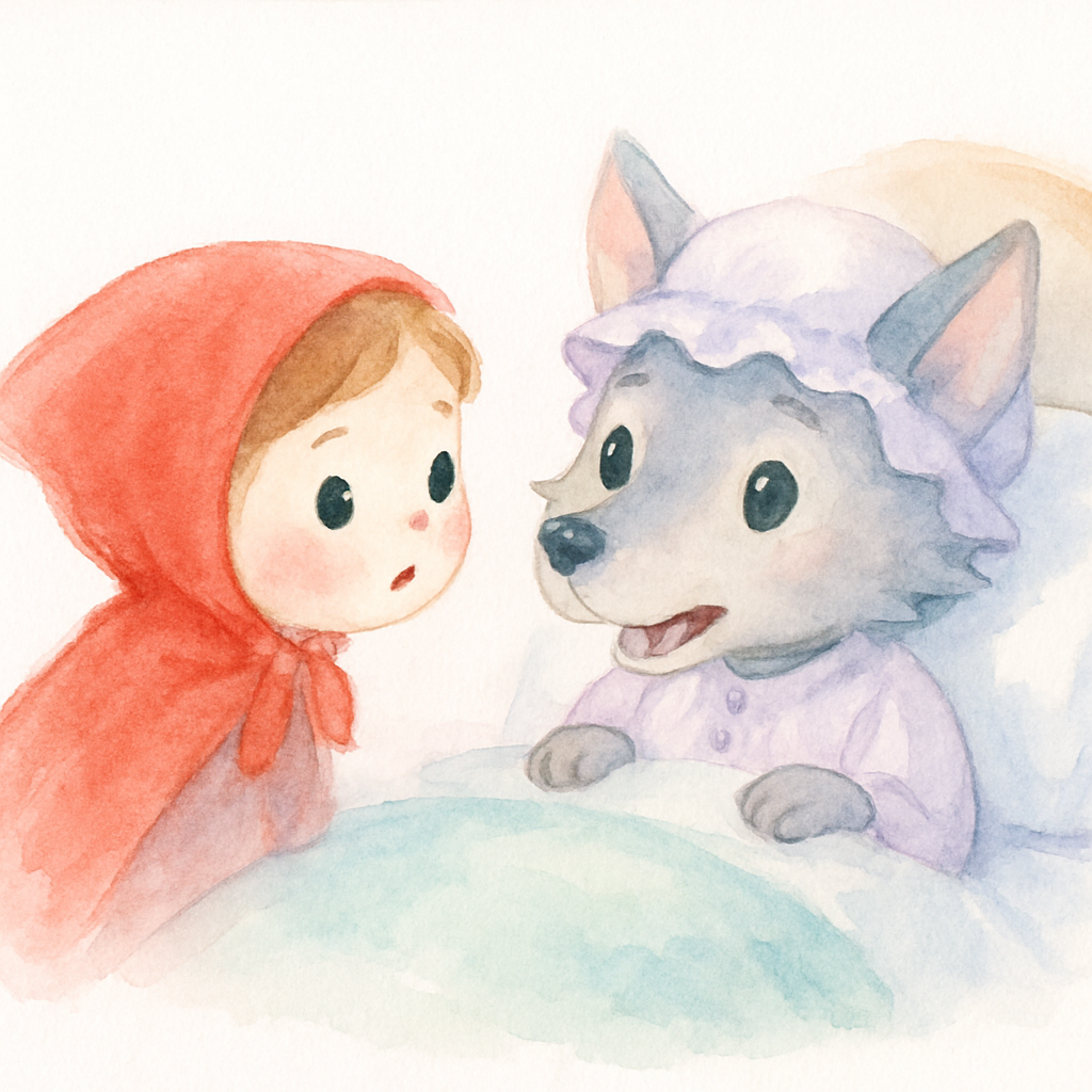 빨간 모자가 침대의 '할머니'에게 가까이 다가가며 질문하는 장면