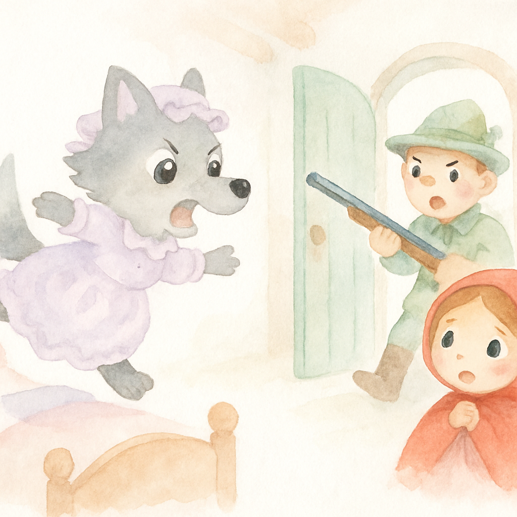 늑대가 벌떡 일어나고 사냥꾼이 문을 여는 장면