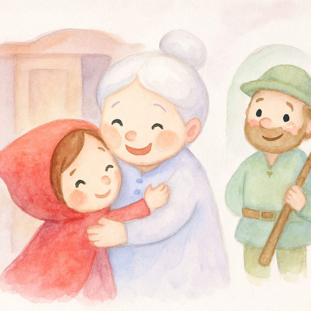 빨간 모자가 장롱에서 할머니를 구출하고 포옹하는 장면