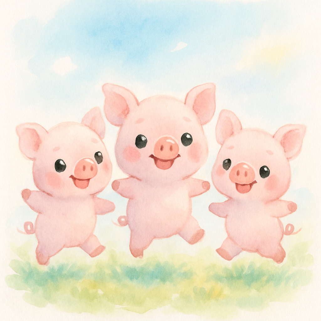 세 마리 아기 돼지가 각자 집을 짓기로 결심하는 장면