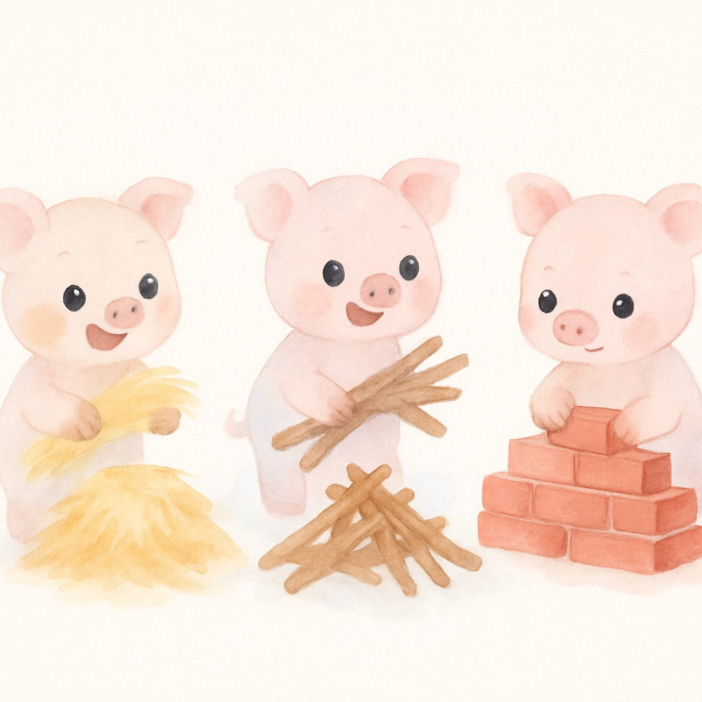 첫째 돼지가 지푸라기로, 둘째 돼지가 나뭇가지로, 셋째 돼지가 벽돌로 집을 짓는 장면