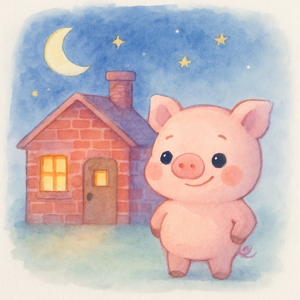 밤이 되어 셋째 돼지가 벽돌집을 완성한 장면