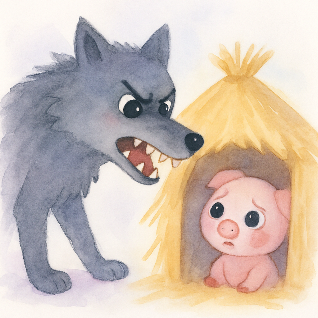 무서운 늑대가 첫째 돼지의 지푸라기 집 앞에 나타난 장면