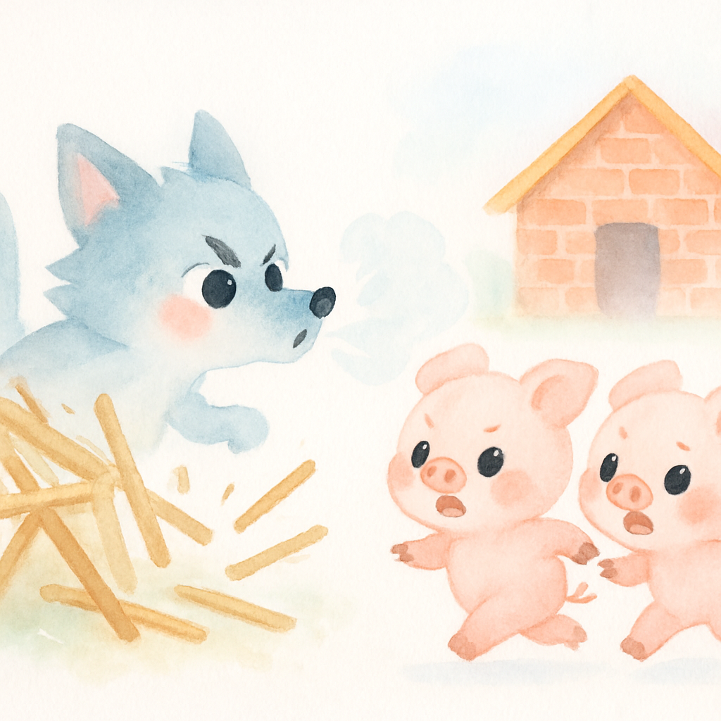 늑대가 나뭇가지 집도 후~ 불어서 무너뜨리고 두 마리 돼지가 셋째 집으로 도망가는 장면