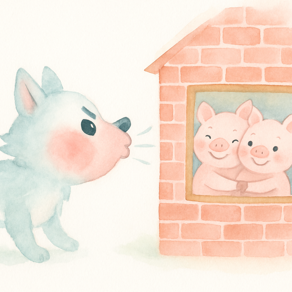 늑대가 벽돌집을 세게 불지만 집이 꿈쩍도 하지 않는 장면