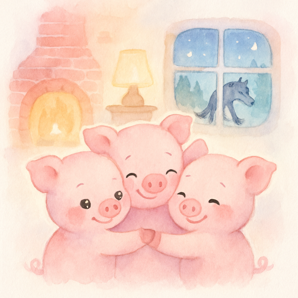 세 마리 아기 돼지가 벽돌집에서 행복하게 서로 안아주는 장면