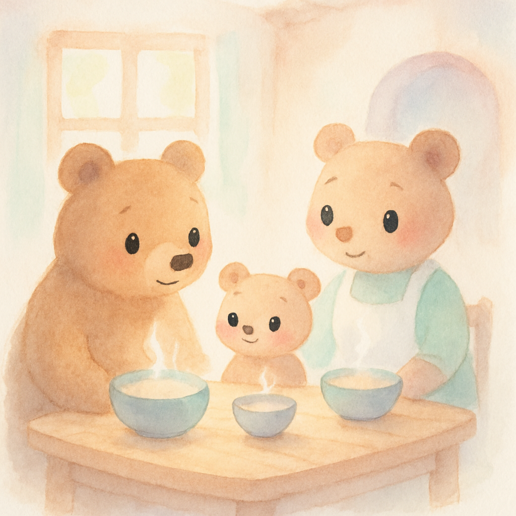 숲속 집에서 함께 식탁에 둘러앉은 곰 가족 - 아빠 곰, 엄마 곰, 아기 곰이 뜨거운 죽 그릇들을 바라보고 있는 모습