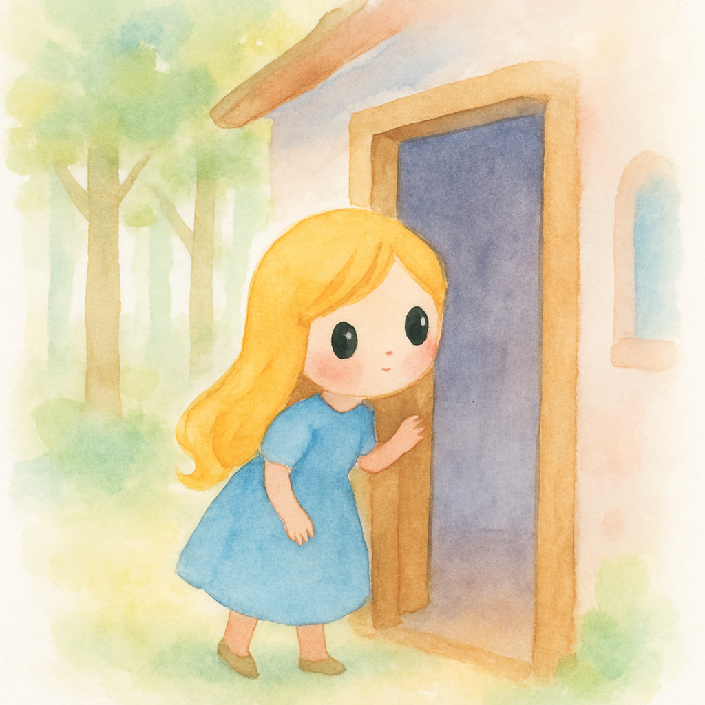 금발 소녀가 열린 문 앞에 서서 곰 가족의 빈 집을 발견한 장면