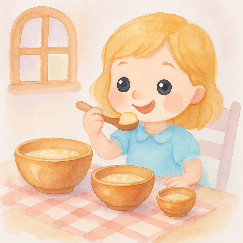 금발 소녀가 탁자 앞에서 세 그릇의 죽을 차례로 맛보는 모습