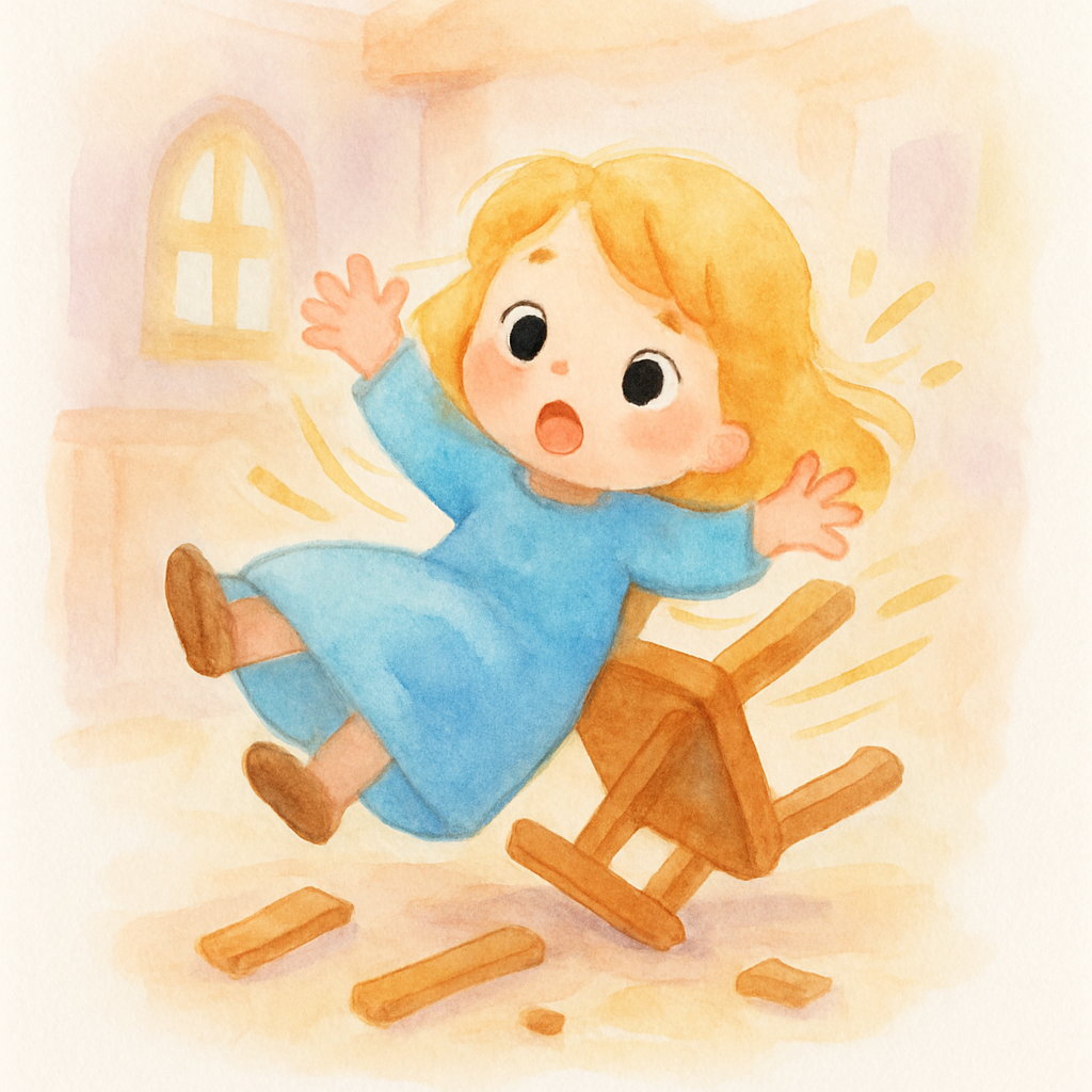 금발 소녀가 아기 곰의 의자에 앉았다가 의자가 부러지며 바닥에 넘어진 장면