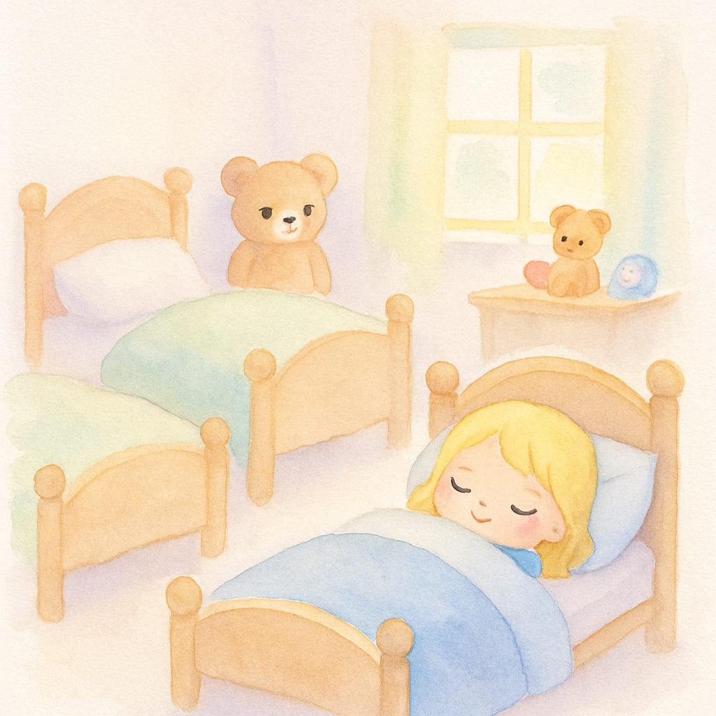 금발 소녀가 아기 곰의 작은 침대에서 편안하게 잠들어 있는 모습