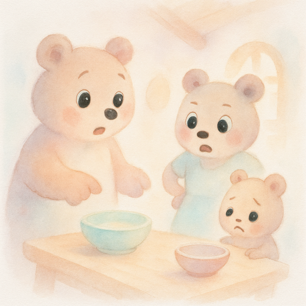 곰 가족이 집으로 돌아와 탁자 앞에서 자신들의 죽이 먹힌 것을 발견한 장면