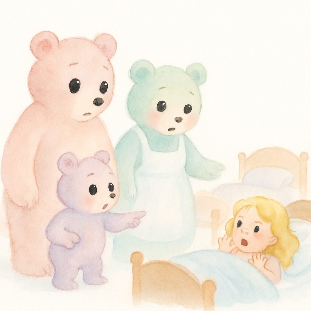 침실에서 곰 세 마리가 자신의 침대에서 자고 있는 금발 소녀를 발견한 장면