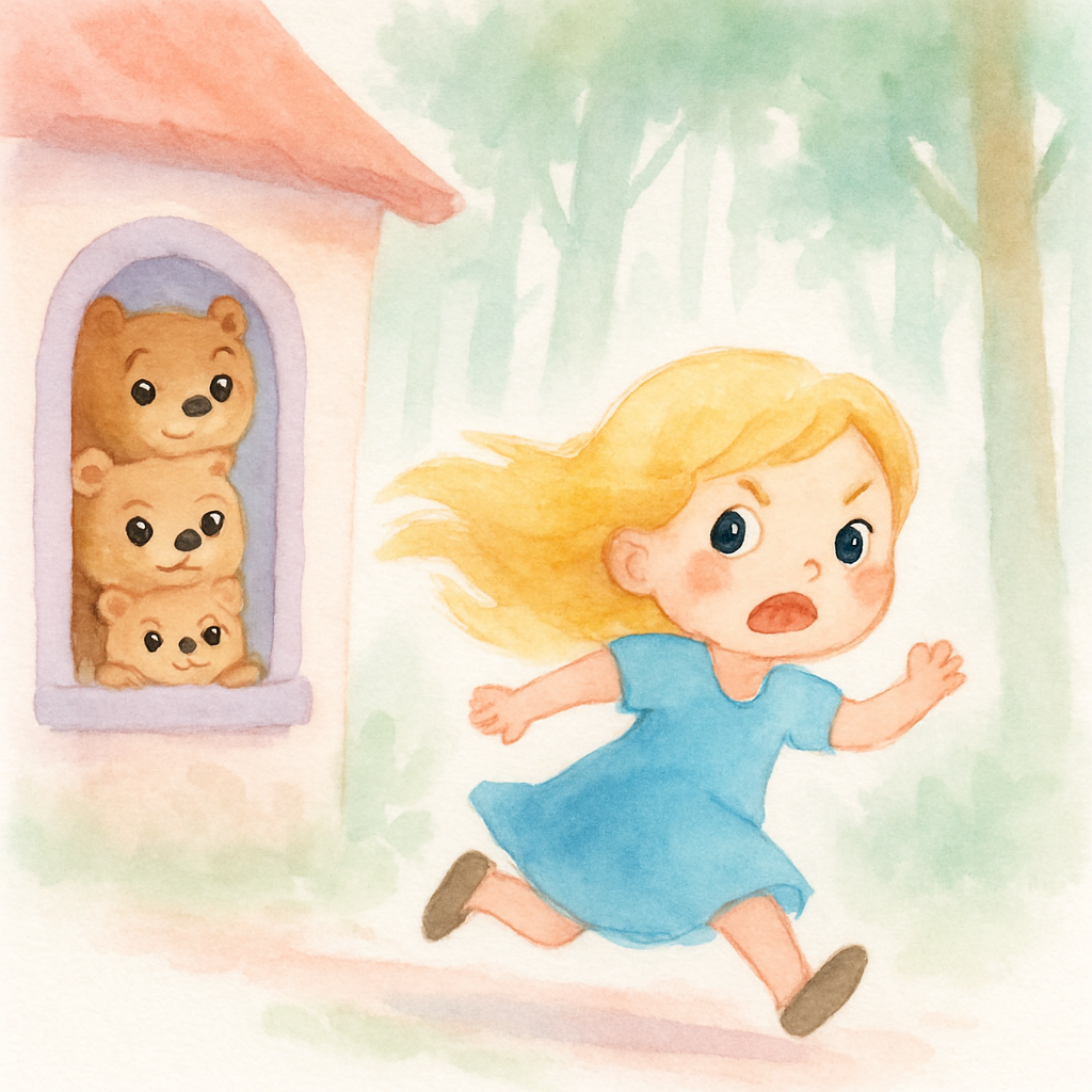 금발 소녀가 놀라서 집 밖으로 달려가고, 곰 가족이 창문으로 그녀를 바라보는 장면