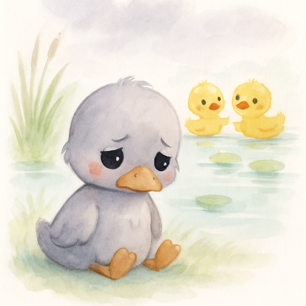 회색 아기 새가 혼자 슬프게 연못가에 앉아 있는 장면