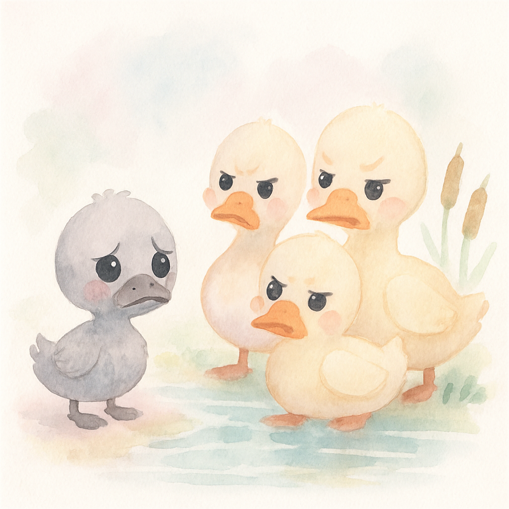 연못에서 다른 오리들이 회색 아기 새를 거부하고 쫓아내는 장면
