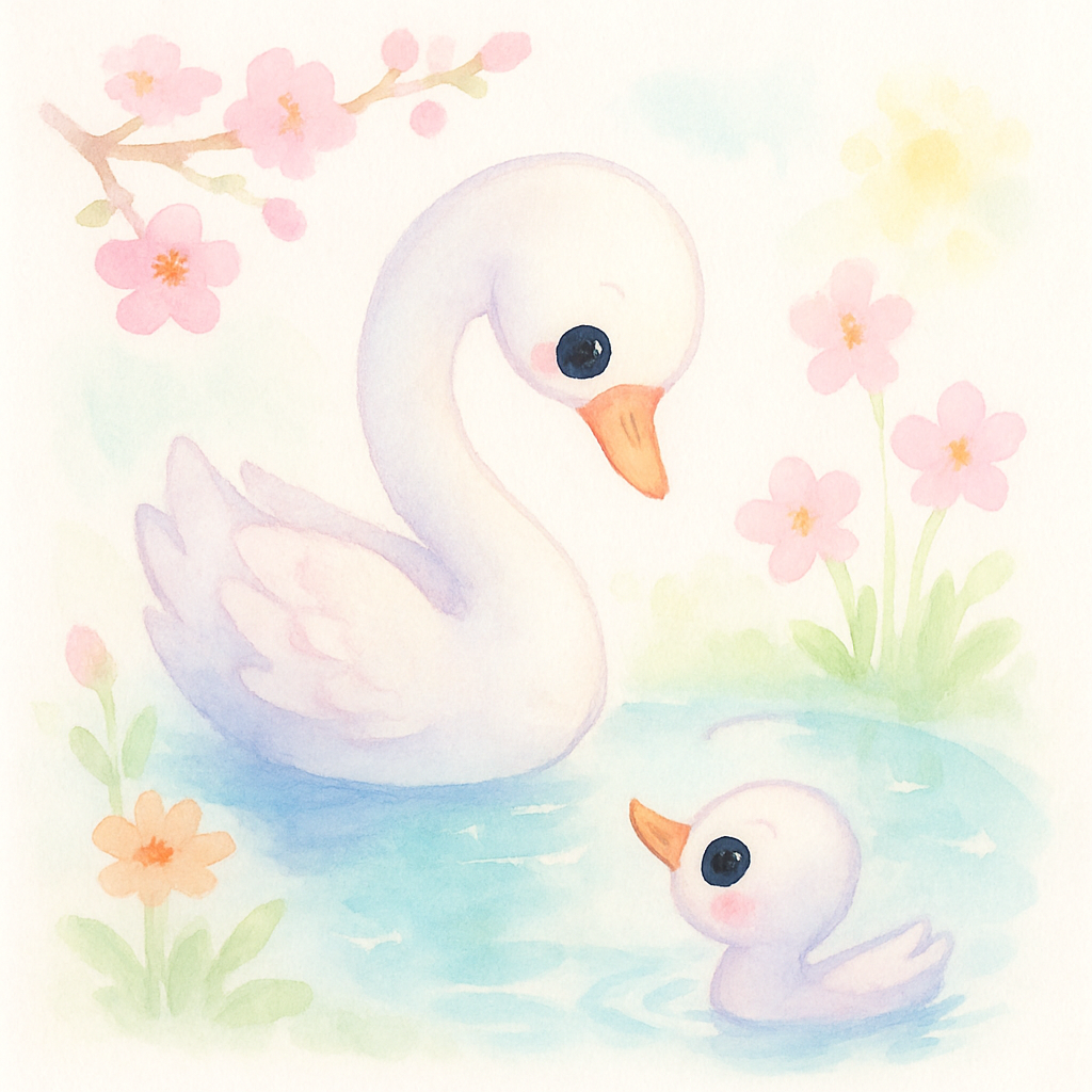 봄이 오고 아기 새가 연못 물에 비친 자신의 모습을 보며 아름다운 백조로 변한 것을 발견하는 장면