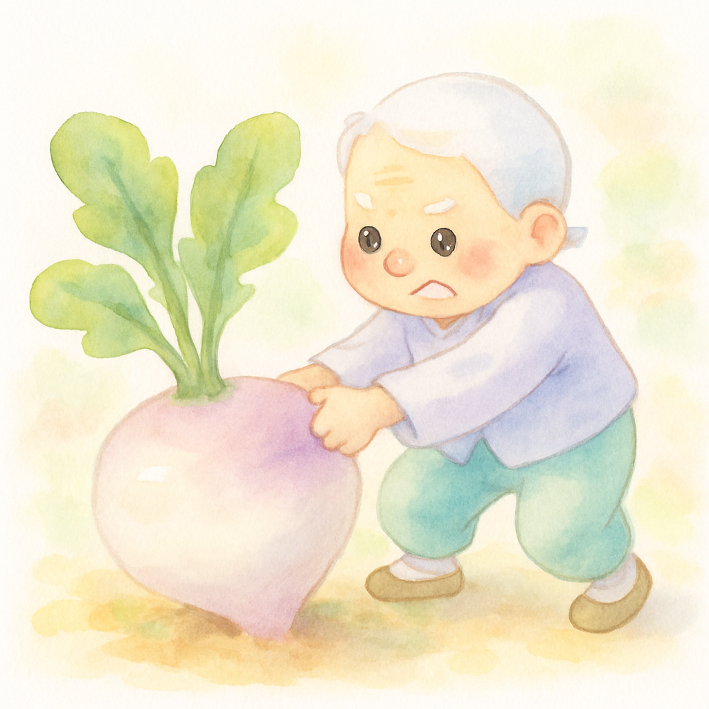 할아버지 혼자 무를 뽑으려고 힘껏 잡아당기는 장면