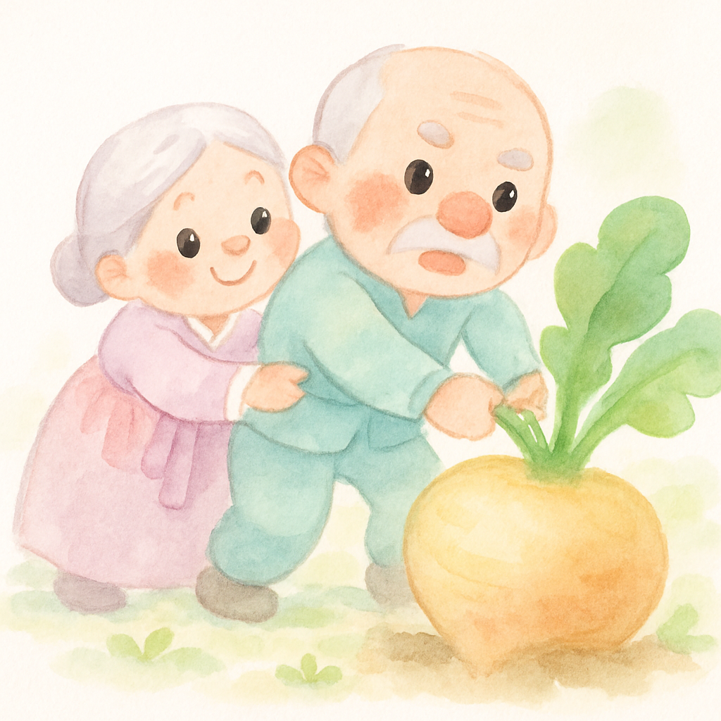 할머니가 할아버지를, 할아버지가 무를 잡고 함께 당기는 장면