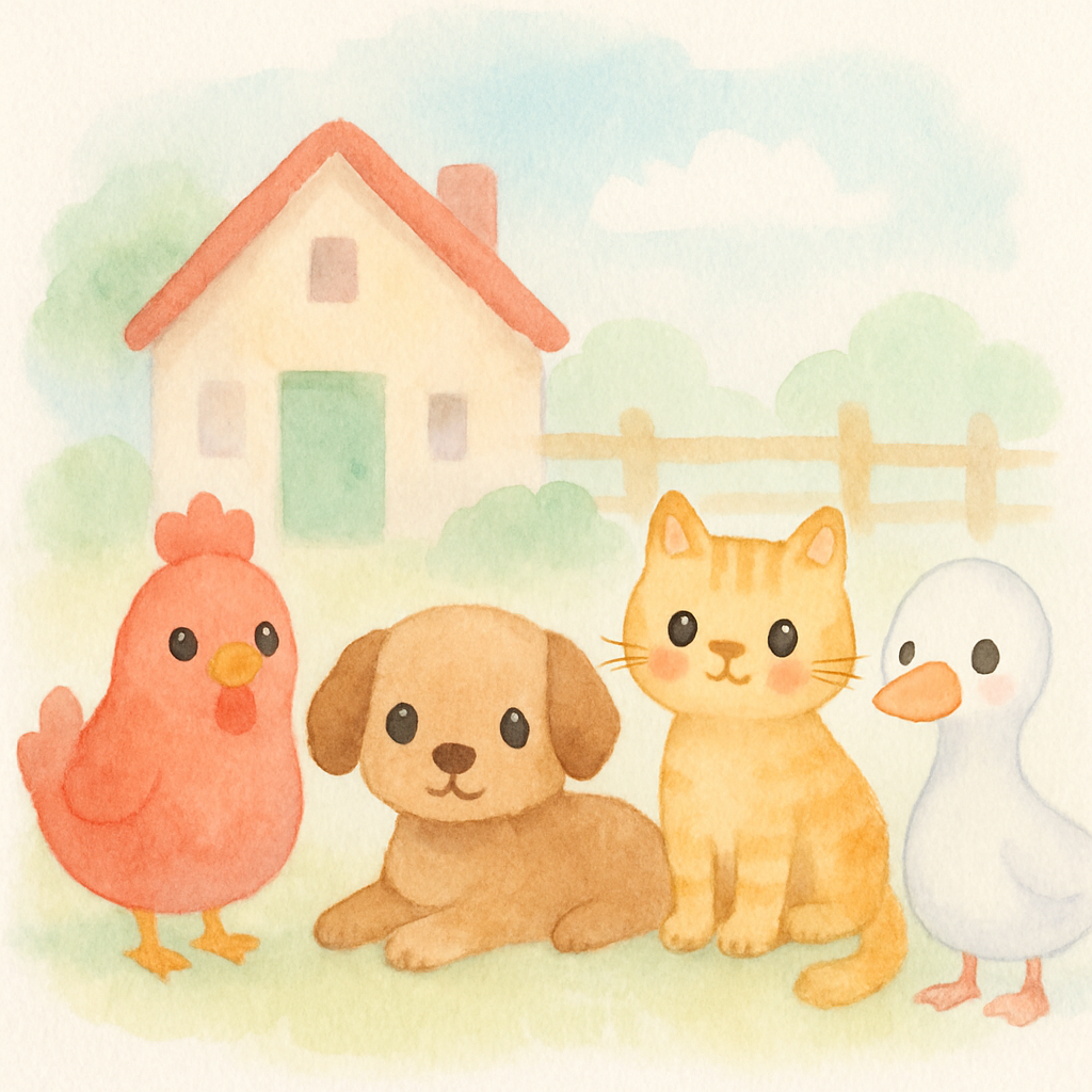 농장에서 함께 사는 빨간 암탉과 세 친구들(개, 고양이, 오리)의 소개 장면