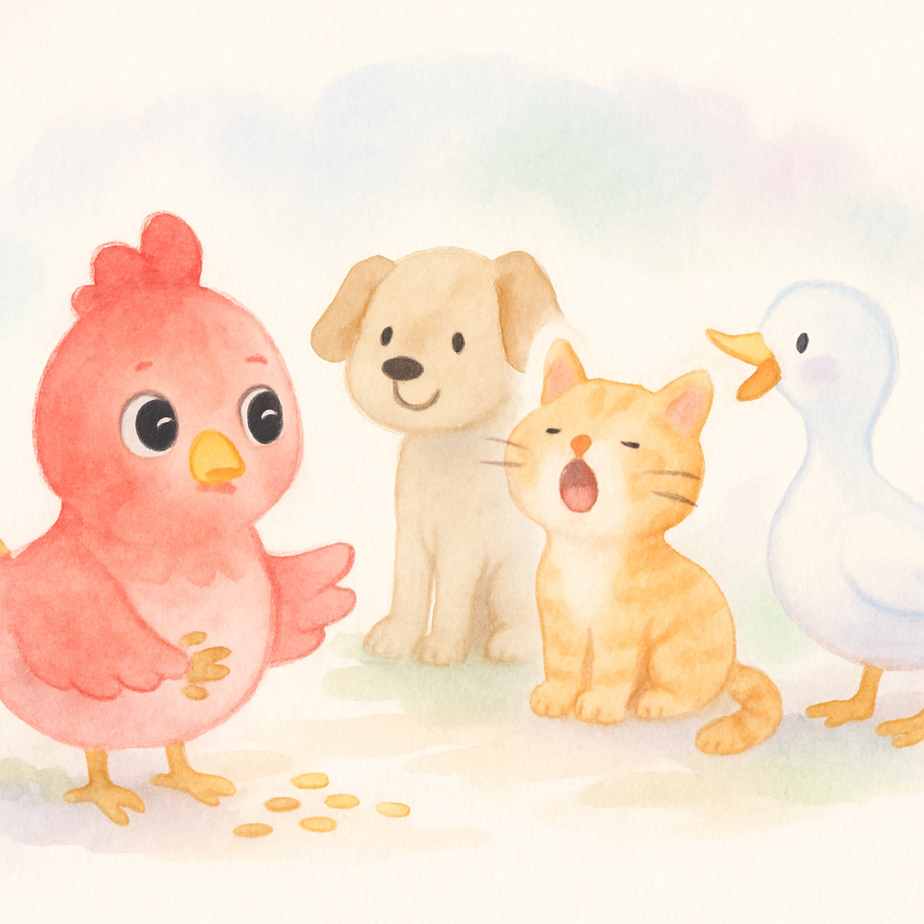 빨간 암탉이 밀 심기 도움을 요청하지만 세 친구들이 모두 거절하는 장면