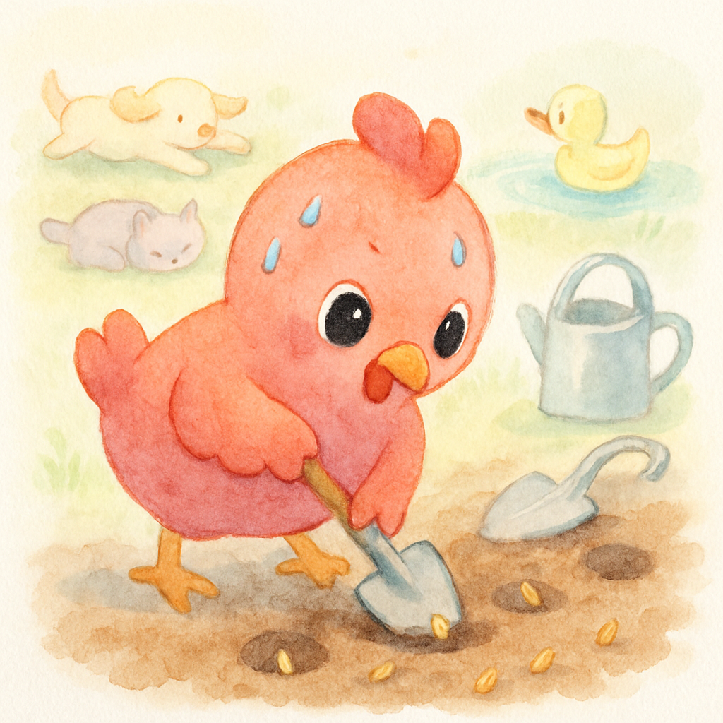 빨간 암탉이 혼자서 땅을 파고 밀을 심는 장면