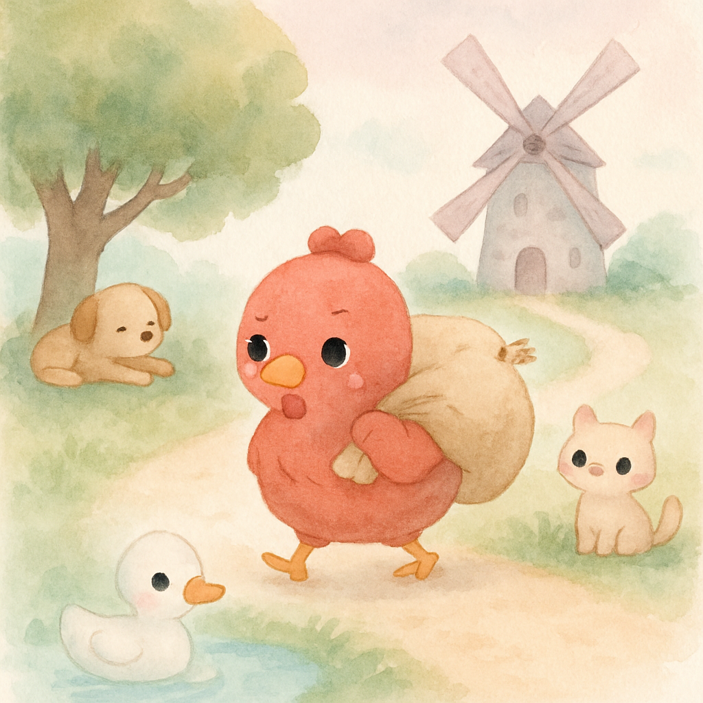 빨간 암탉이 혼자서 무거운 밀을 들고 방앗간으로 가는 장면