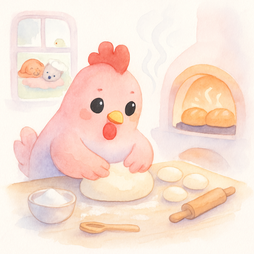 빨간 암탉이 부엌에서 혼자 빵을 굽는 장면, 오븐에서 맛있는 냄새가 솔솔
