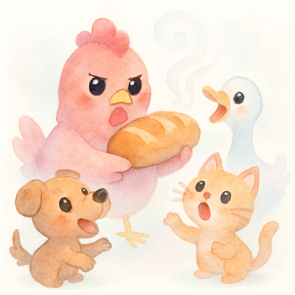 빵 냄새를 맡고 세 친구가 달려와 빵을 달라고 조르는 장면