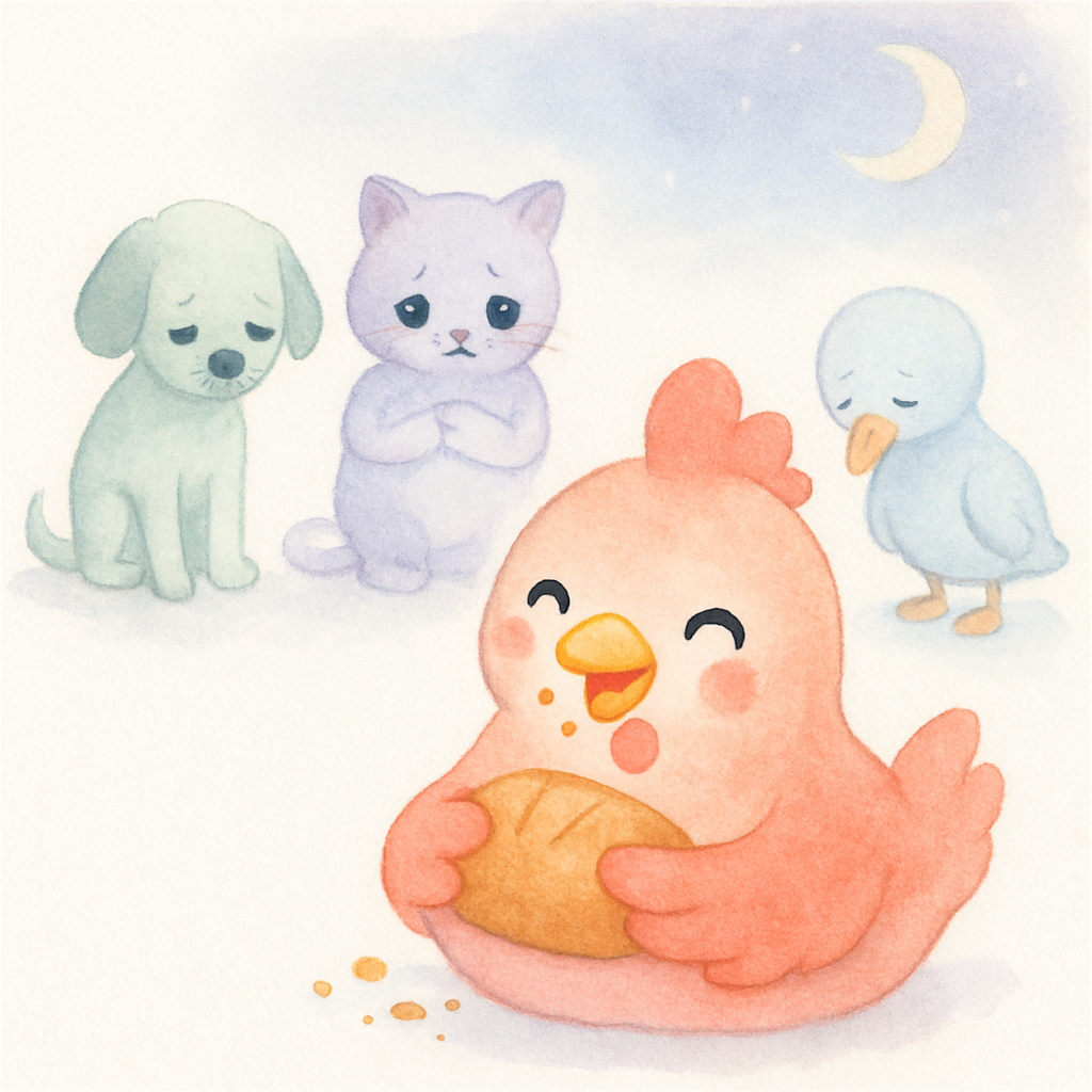 빨간 암탉이 맛있게 빵을 먹고, 세 친구들은 멀리서 후회하며 바라보는 장면