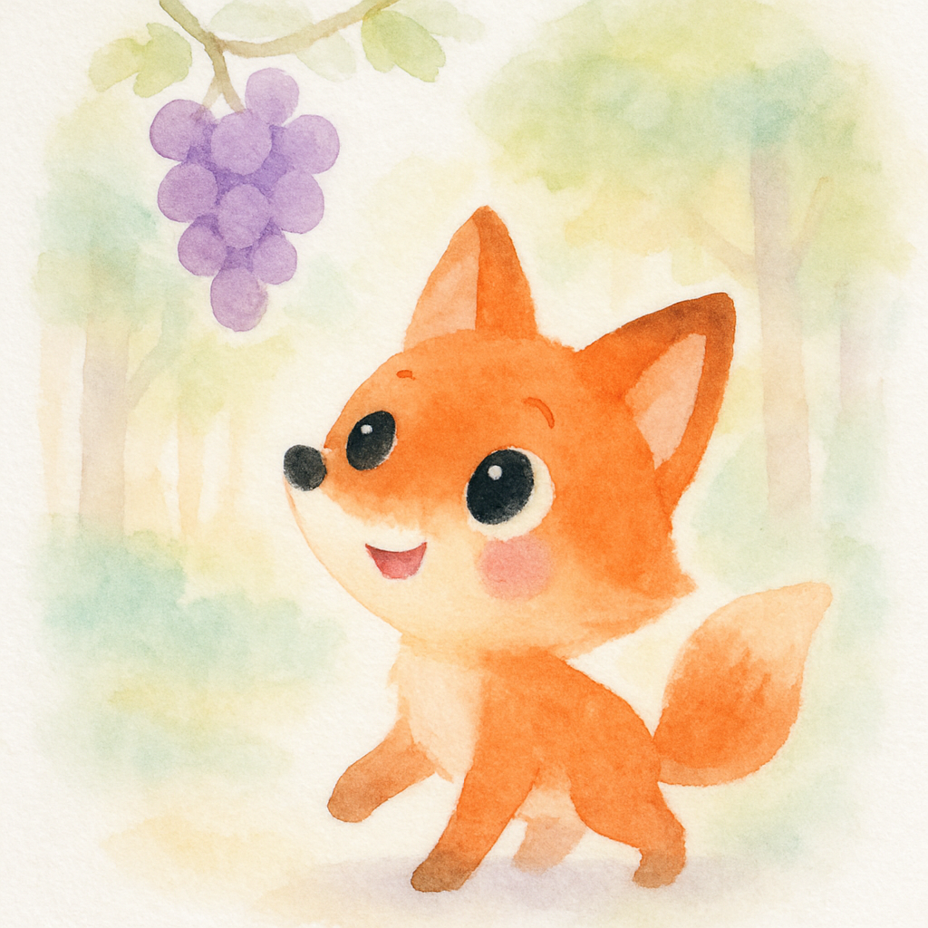 배고픈 여우가 포도나무를 발견하고 기뻐하는 장면